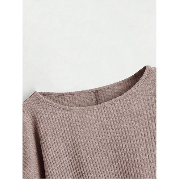 Crewneck Raglan Long Sleeve Ribbed Knit Crop Top Cropped Sweater Mocha Brown - Picture 3 of 5